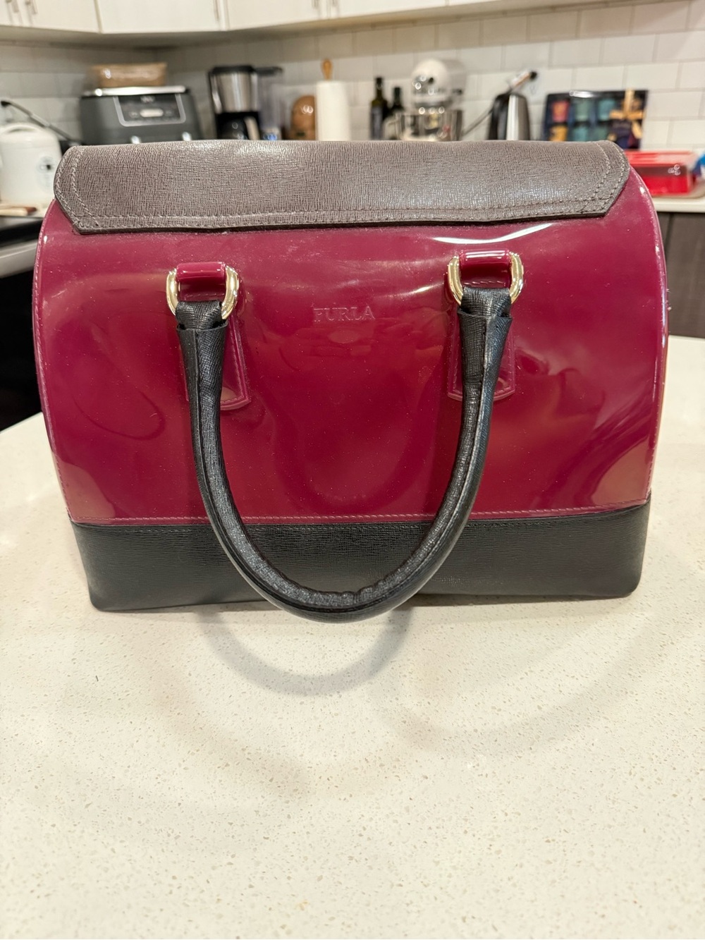 Furla Two-Tone Patent Satchel in Burgundy, Black and Brown - Picture 2 of 9